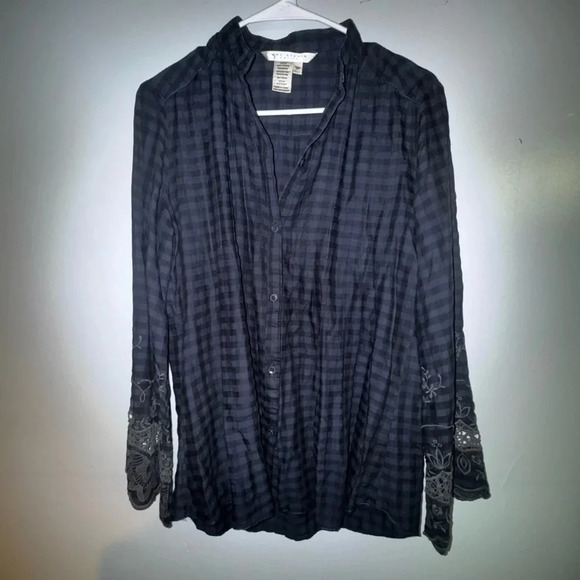 Max studio women’s blue black plaid long sleeve button up shirt embroider‎ SP - Picture 1 of 5